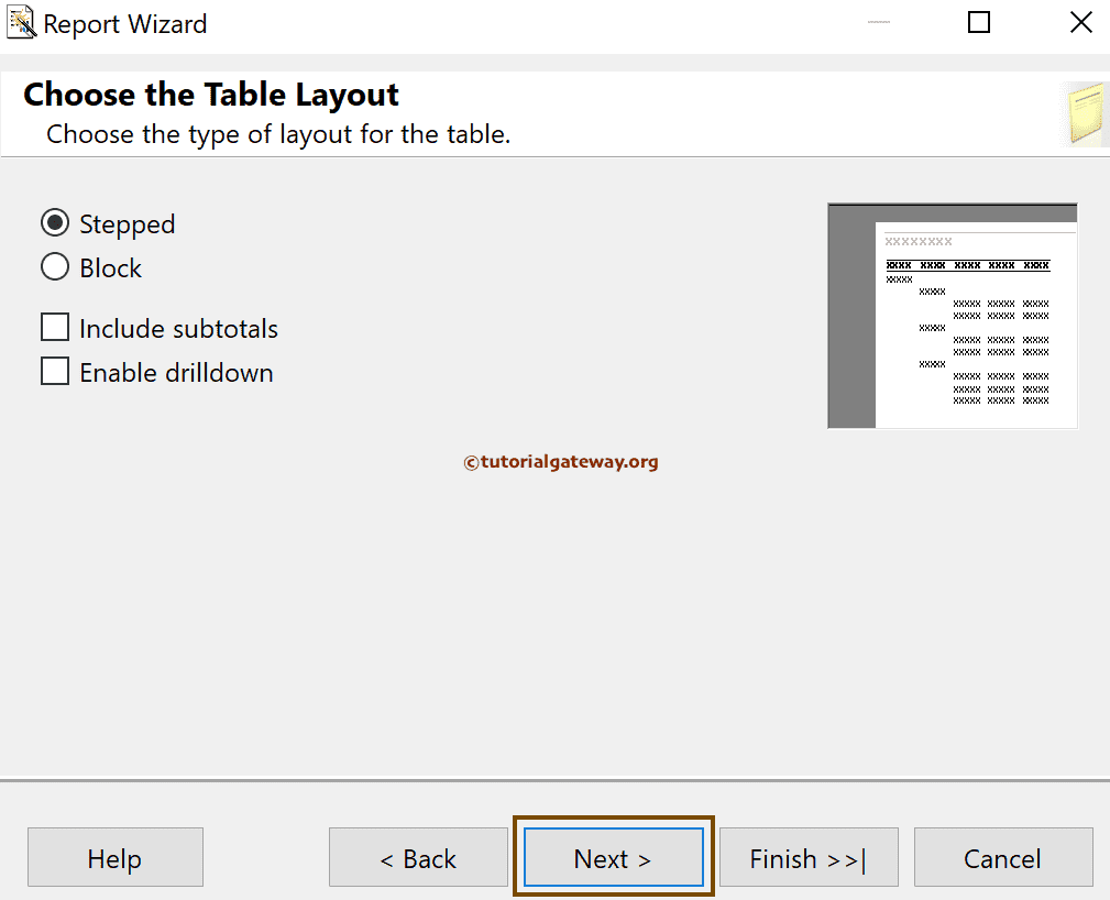 Stepped Table using Report Wizard with subtotals