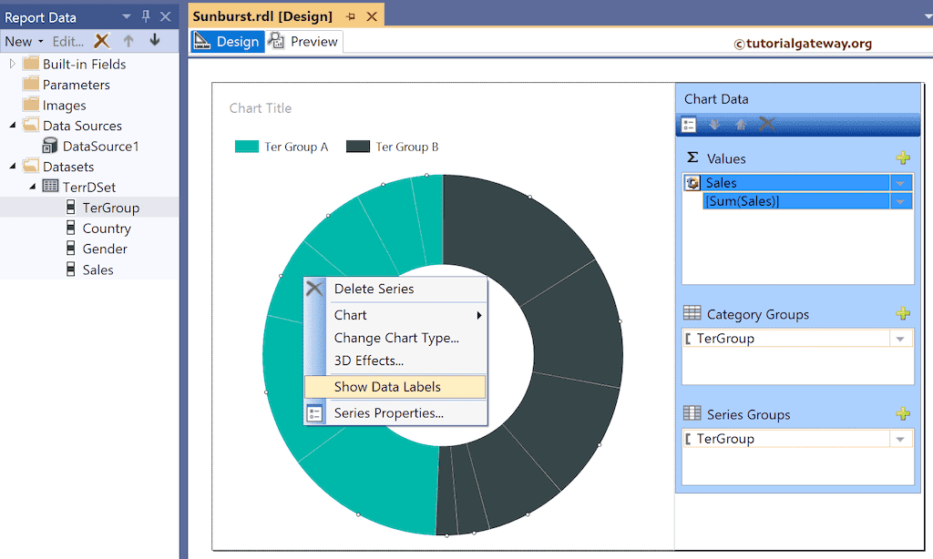 Show Data labels in Sunburst Chart