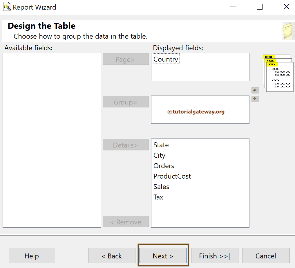 SSRS Table using Report Wizard Page and Details Columns