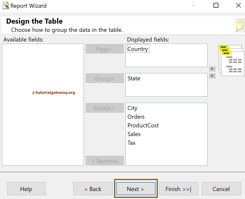 SSRS Table using Report Wizard Page Group and Details