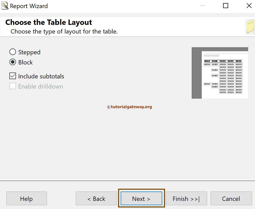 Blocked Table using Report Wizard Page Group and Details