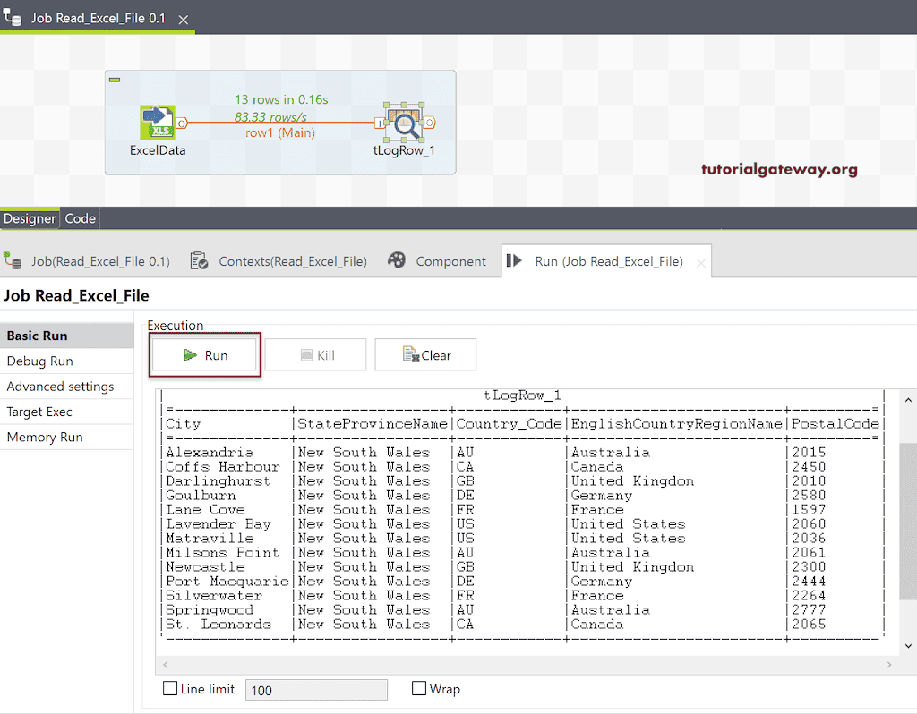 Run the Job to Read Excel File in Talend