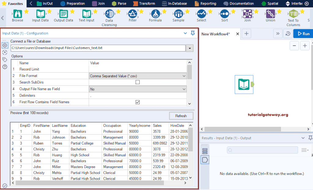 Data Preview in the Read Text File Configuration section in Alteryx