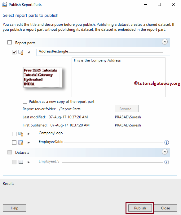 Publish SSRS Report Parts from Table