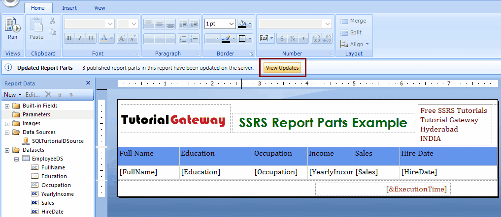 View Report Parts Updates