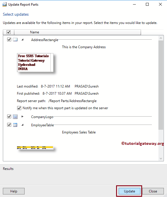 Checkmark all or few Report Parts and update