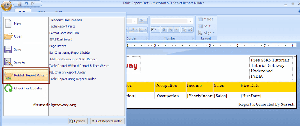 Publish SSRS Report Parts Option