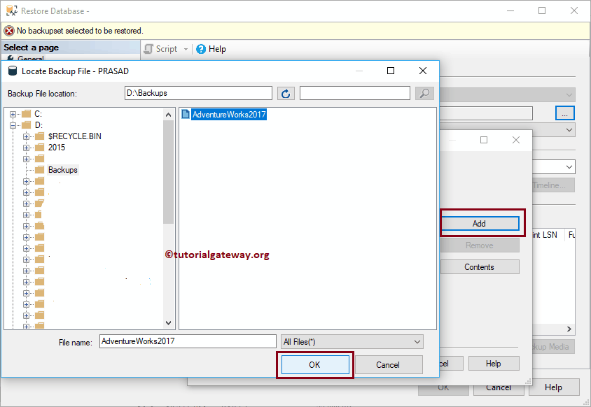 Choose the BAK File to Restore 7
