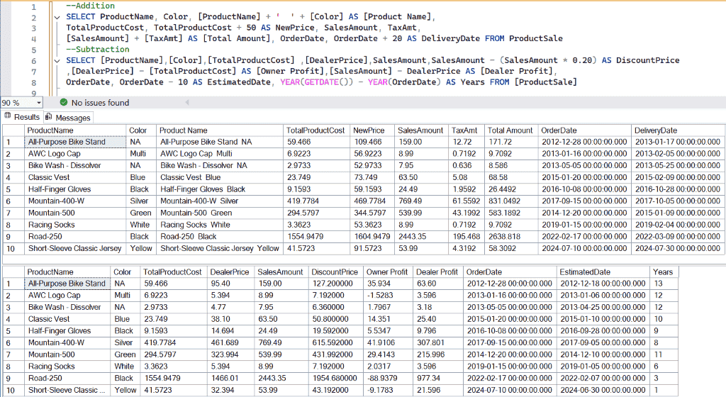 SQL Arithmetic Addition and Subtraction Operators