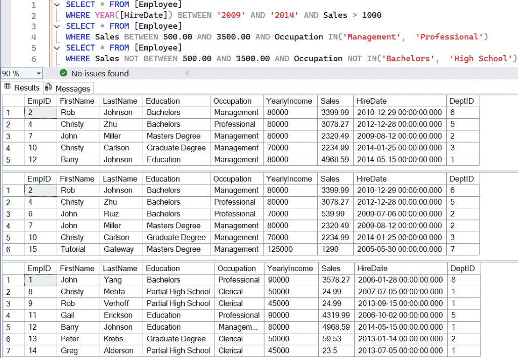 SQL NOT BETWEEN Operator on Date and Time Columns