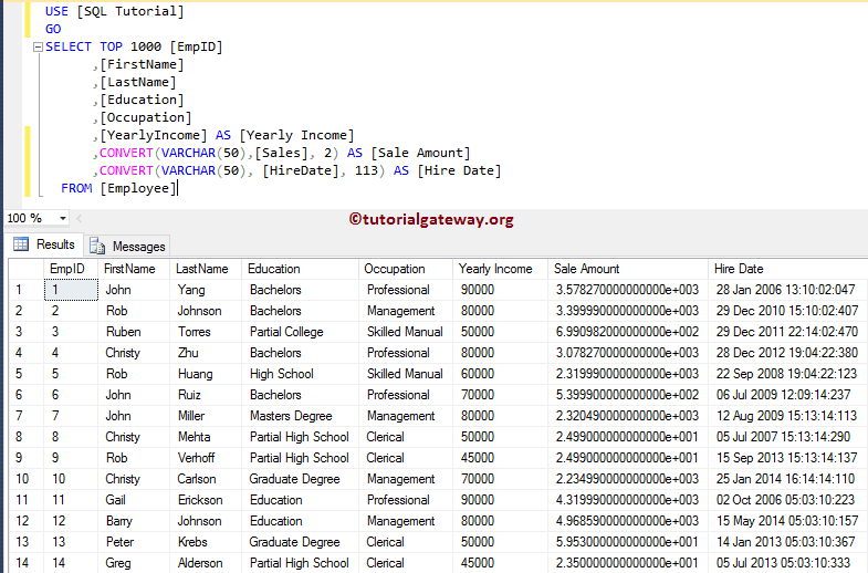 CONVERT EXAMPLE on table Columns 6
