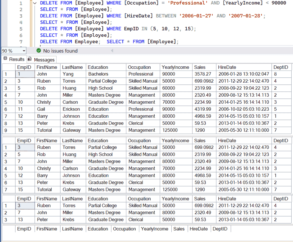 SQL DELETE Statement to remove multiple and all rows