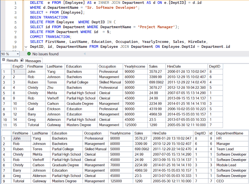 SQL DELETE Statement and JOINS with TRANSACTIONS