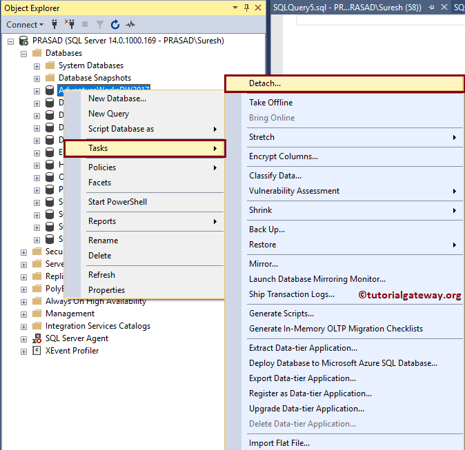 Choose Tasks and Detach Database Option from context menu 5
