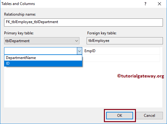Primary and Foreign Key table Column 