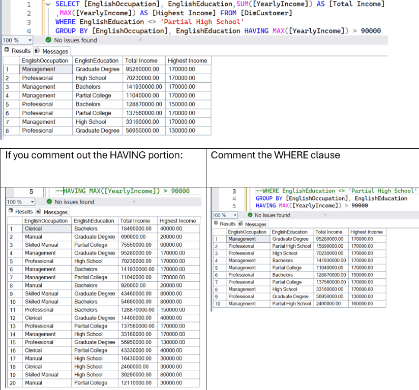 Difference between SQL HAVING and WHERE clause