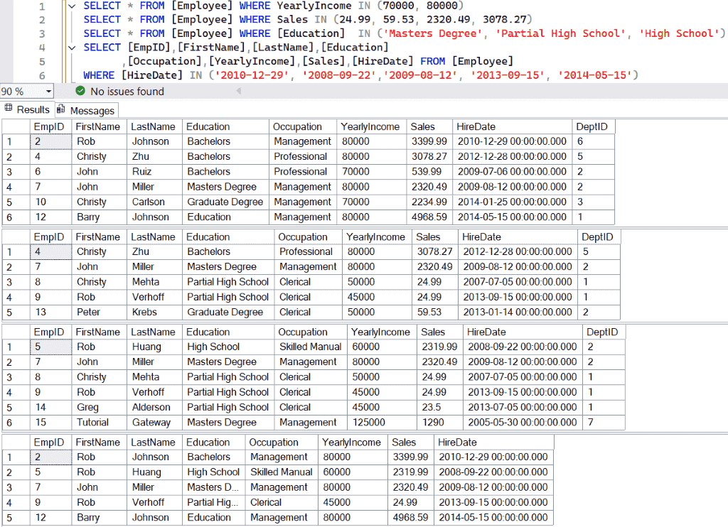 SQL IN Operator On Numbers, Strings, and Dates