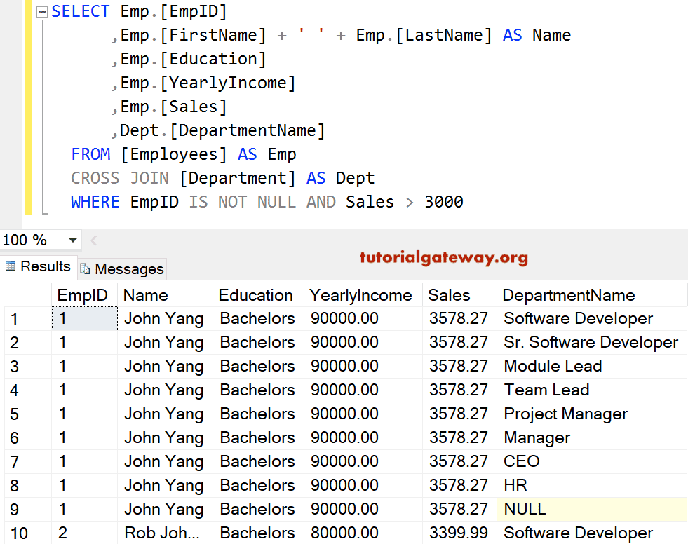 Cross Join with Where Clause Example 9