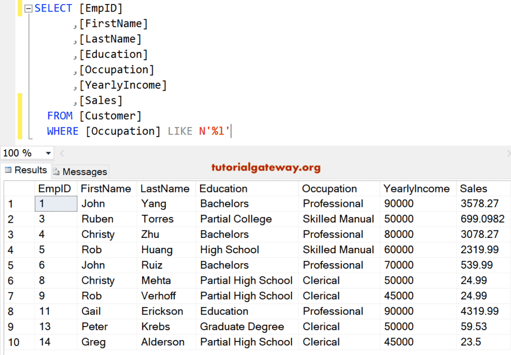 Like Operator Wildcard Percentage Sign Example 2