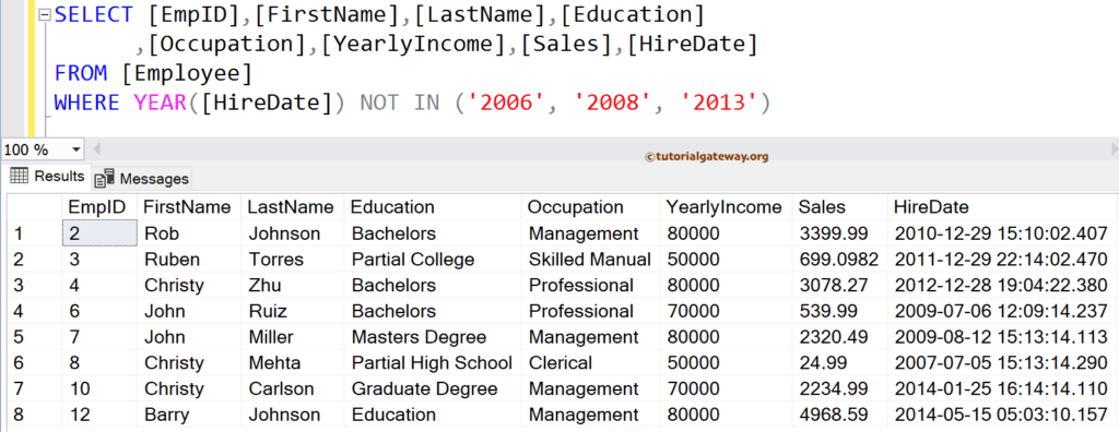 NOT IN Operator ON YEAR Dates