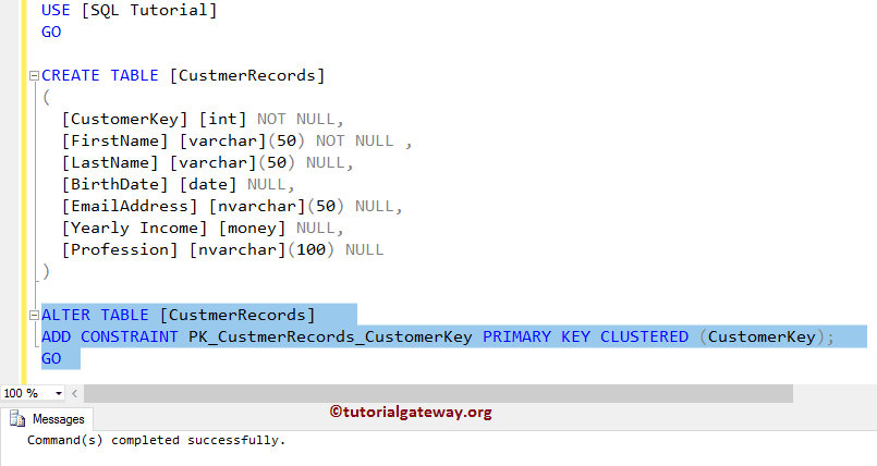 Alter Table Add constraint Primary Key Clustered 7