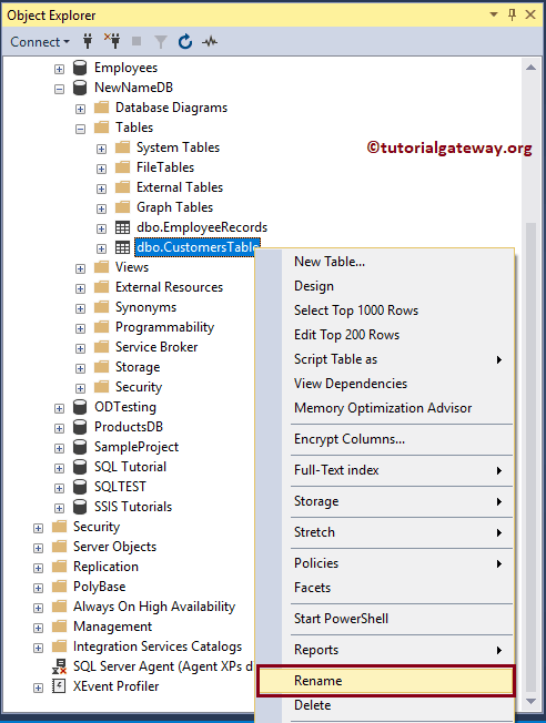 Rename Table using Management studio 7