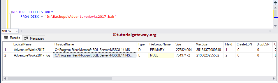 DATABASE RESTORE FILELISTONLY FROM DISK option