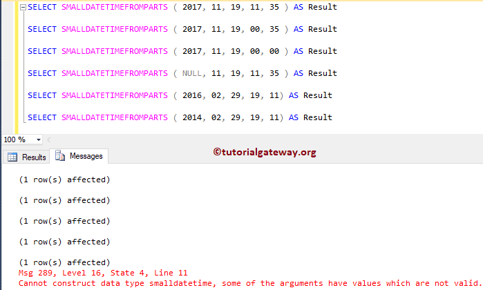 SQL SMALLDATETIMEFROMPARTS 1