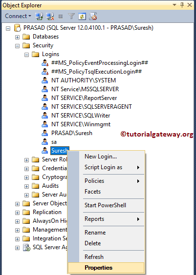 Go to properties in Object explorer security 3