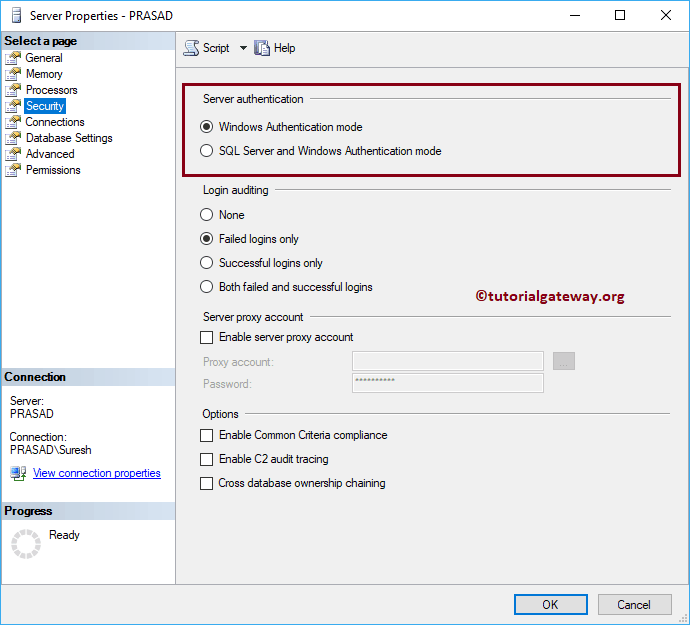 Change the Server Authentication from Windows Mode 8