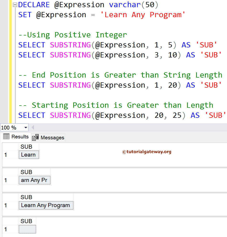 SQL Substring Function String literals Example