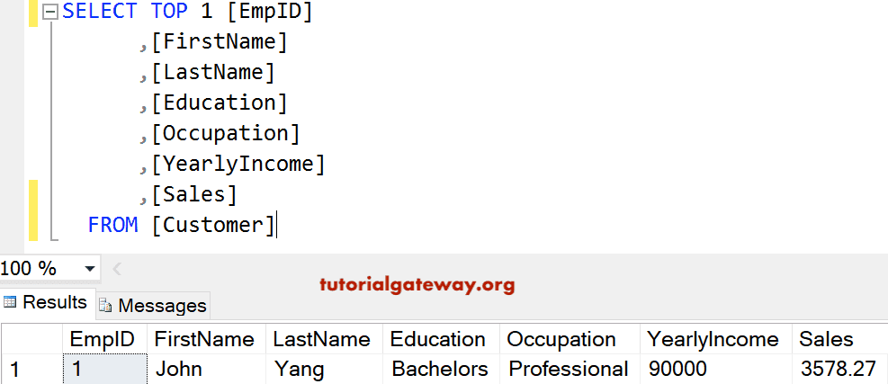 SELECT TOP 1 Record from customers Clause Example