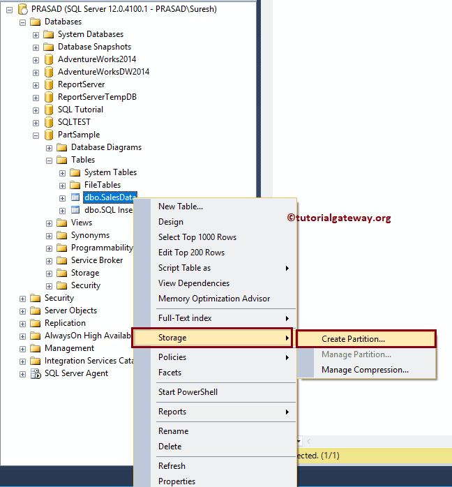 Create Partition Option in Object Explorer 2