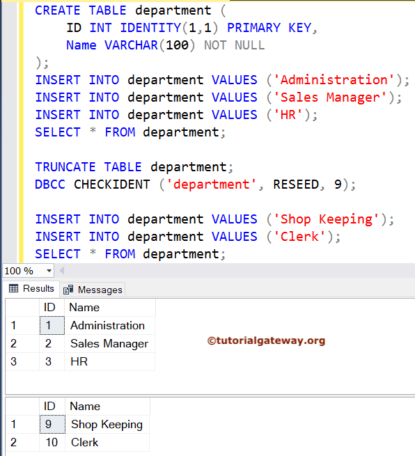 SQL TRUNCATE Table Resets Identity Column Example