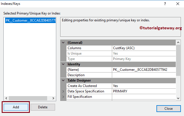 Click on the Add Button to Add New index or key 4