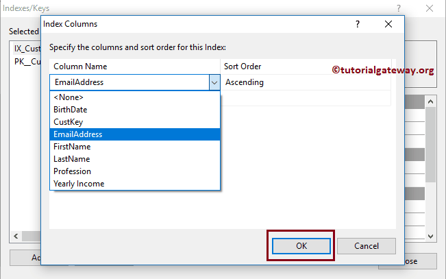 Specify the index Column Name and Sort Order 6
