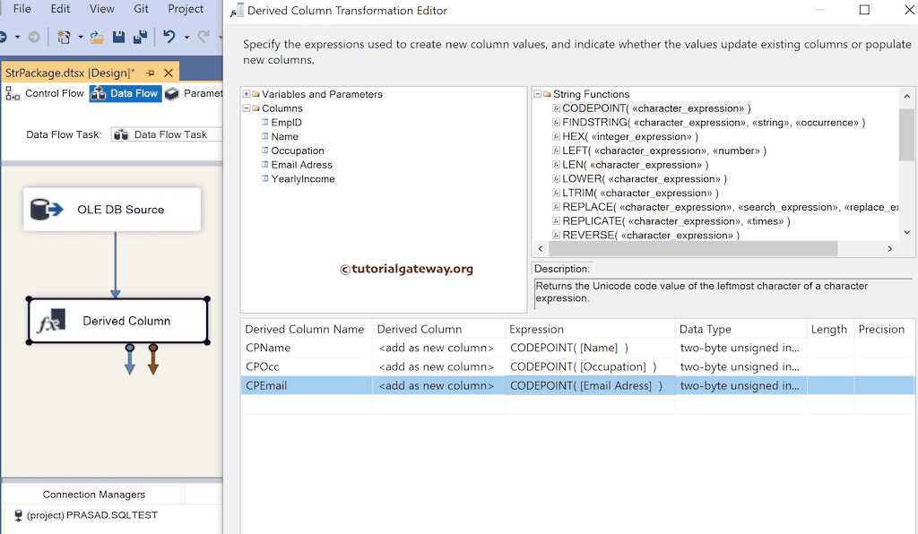 SSIS CODEPOINT Function Expression