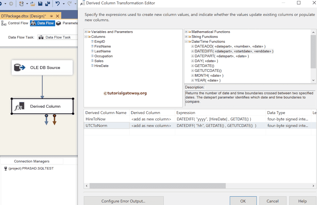 SSIS DATEDIFF Function Expression to find difference between two date or time intervals