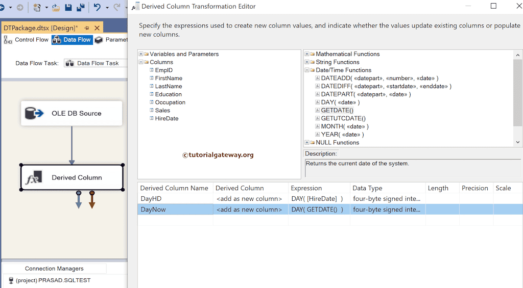SSIS DAY Function Expression