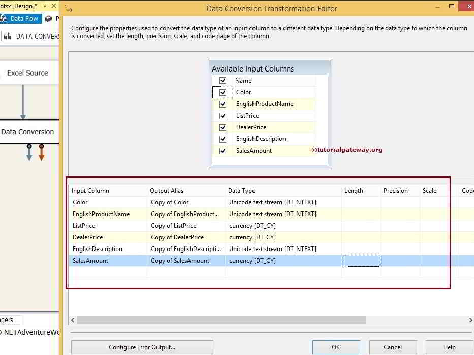 SSIS Data Conversion Transformation Editor 6