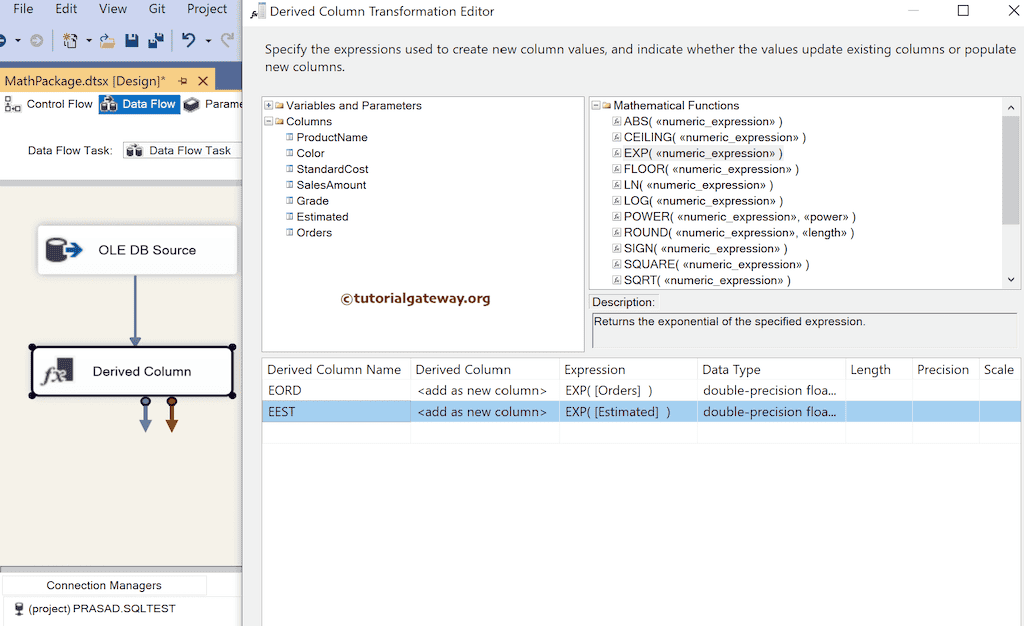SSIS EXP function Expression to find the Exponential Value