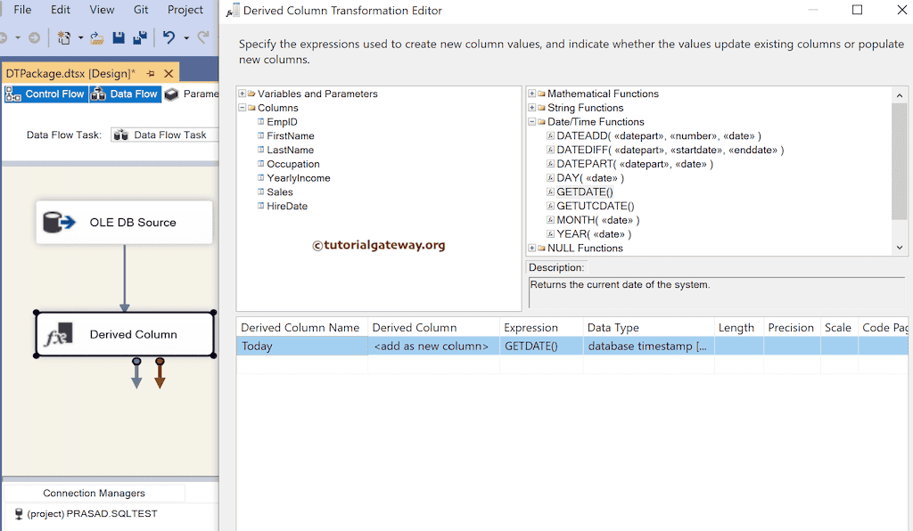 SSIS GETDATE Function Expression to get local system current date and time