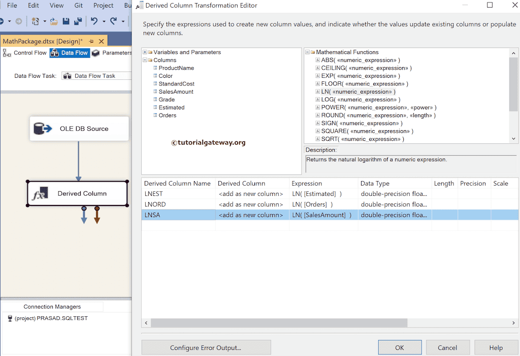 SSIS LN Function expression to find natural logarithmic value