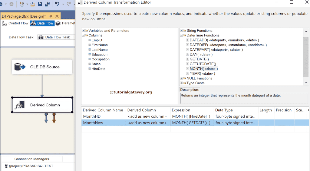 SSIS MONTH Function expression 