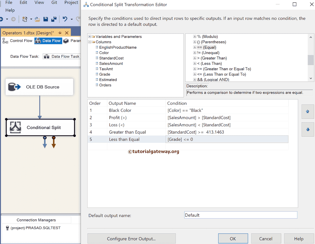 SSIS Comparison Operators expression inside conditional split