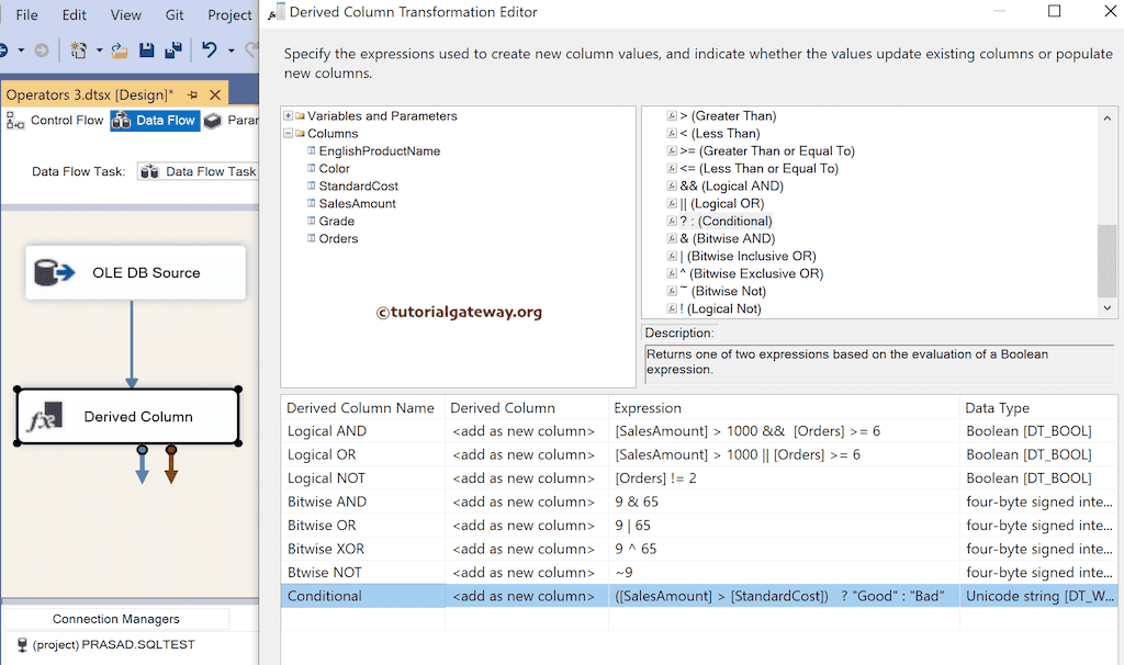 SSIS logical and bitwise Operators Expression