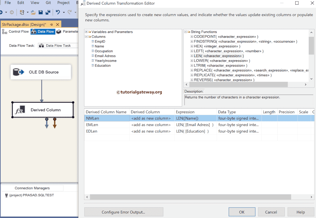 SSIS LEN function Expression to find the String Length