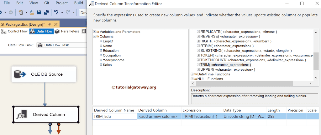 SSIS TRIM Function Expression