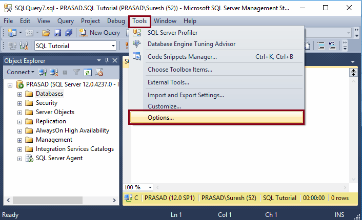 SQL Management Studio Tools Options Menu