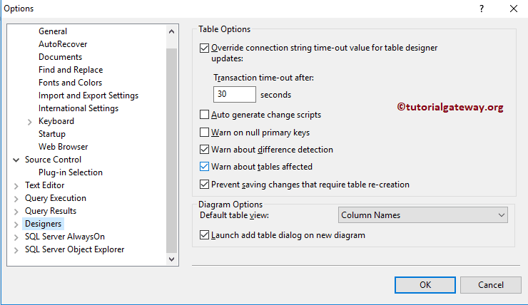 Transact Query designer Options